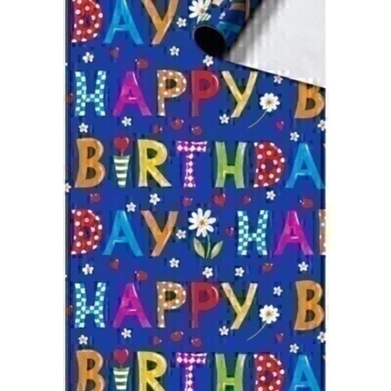 Luxury colourful Happy Birthday design wrapping paper for any occasion. This blue roll of gift wrap is by Swiss designer Stewo. Quality bright white coated wrapping paper 80gsm. Approx size of roll 70cm x 2metres.